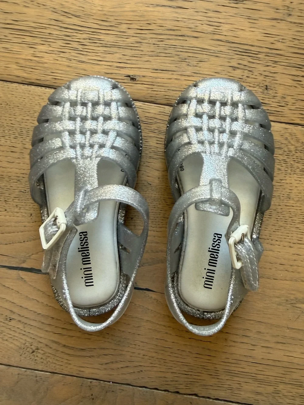 Mini Melissa Silver Glitter Fisherman Jelly Sandals Size 7